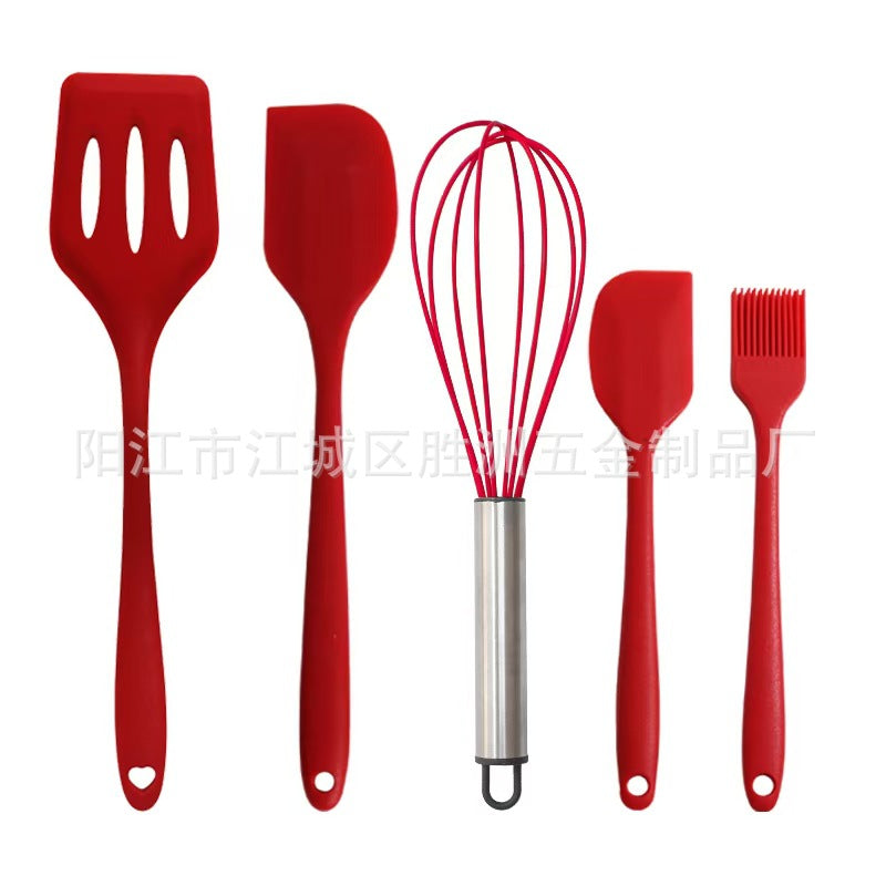 Cross-Border Kitchen Silicone Spatula Brush Egg Beater Silicone Kitchen Utensils 5-Piece Set Cooking Set Baking Tools