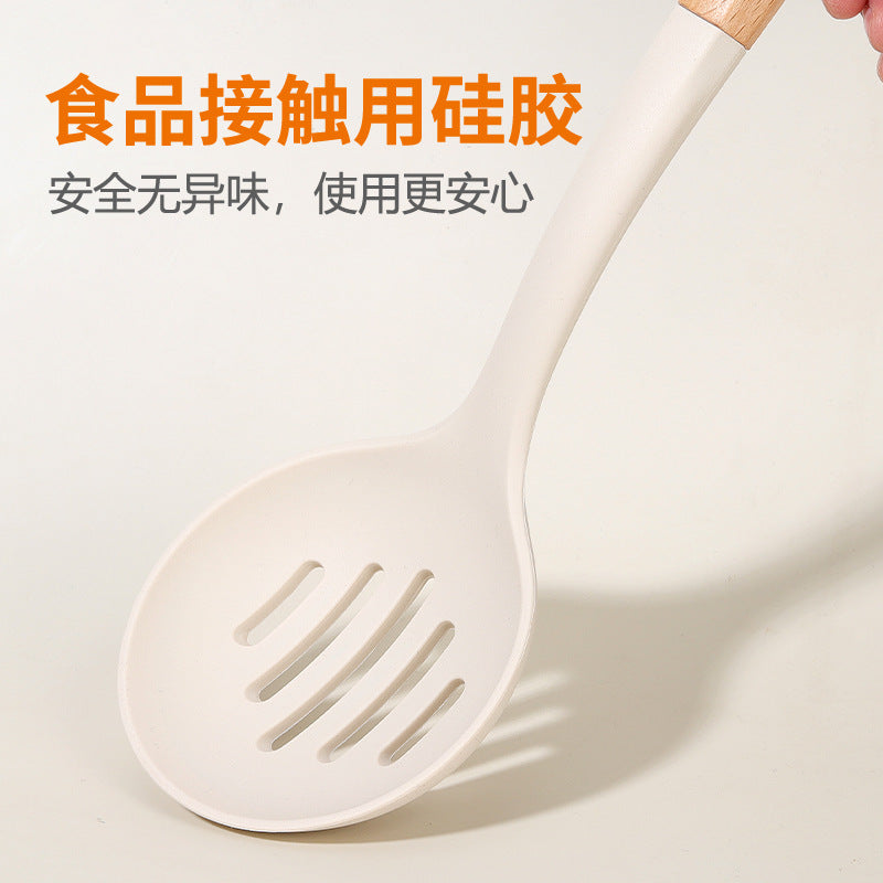 Wooden Handle Silicone Kitchen Utensil Set, Non-Stick Pan, Silicone Spatula, Soup Spoon, High Temperature Resistant Silicone Cooking Spatula, Daily Kitchen Utensils