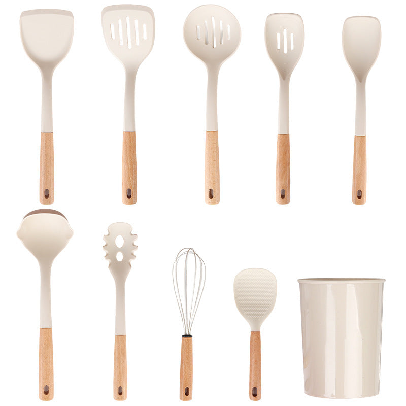 Wooden Handle Silicone Kitchen Utensil Set, Non-Stick Pan, Silicone Spatula, Soup Spoon, High Temperature Resistant Silicone Cooking Spatula, Daily Kitchen Utensils