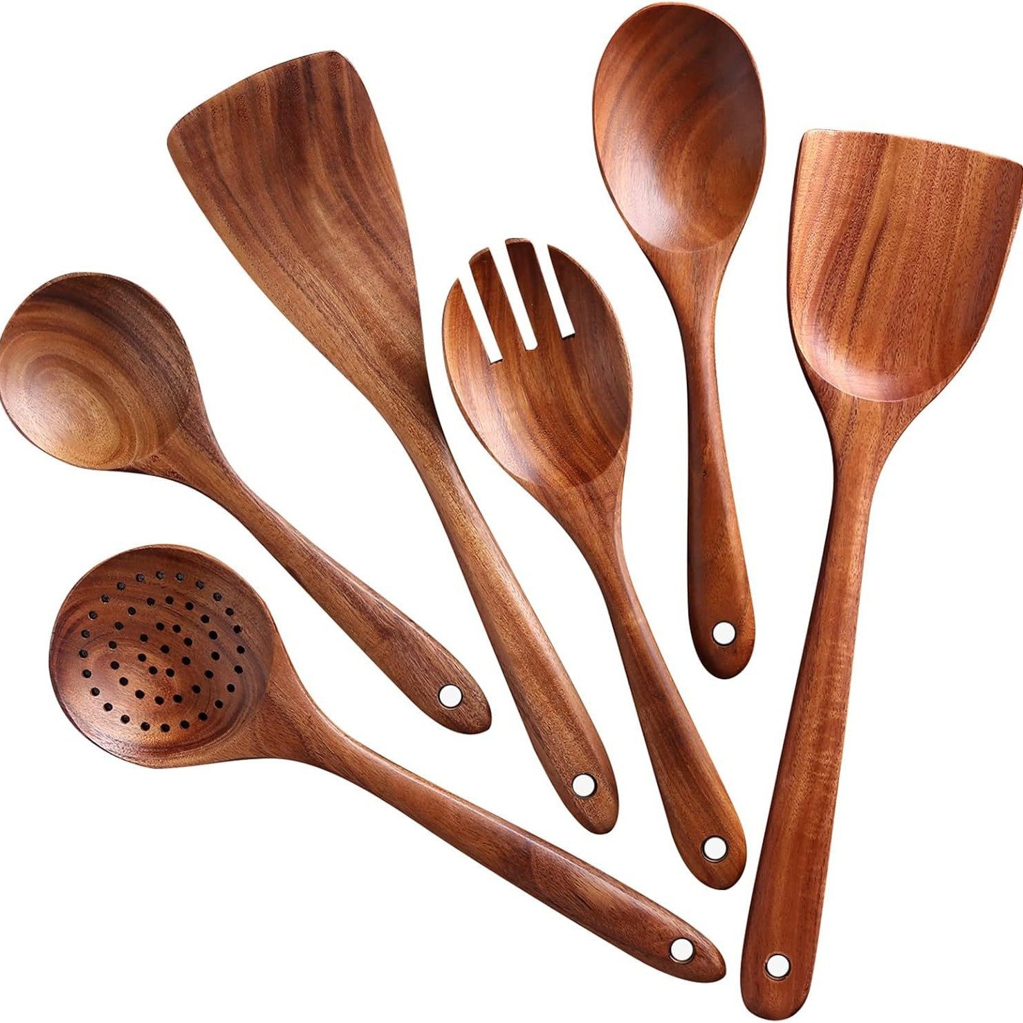Teak Wood Six-Piece Set, Solid Wood, Environmentally Friendly, Does Not Damage Pots, Good Heat Insulation, Kitchen Functional Spoon and Spatula Set