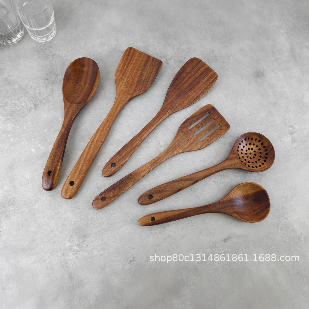 Teak Wood Six-Piece Set, Solid Wood, Environmentally Friendly, Does Not Damage Pots, Good Heat Insulation, Kitchen Functional Spoon and Spatula Set