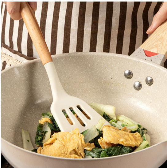 Wooden Handle Silicone Kitchen Utensils Household High Temperature Resistant Spatula Soup Spoon Non-Stick Pan Special Cooking Spatula Spatula Set