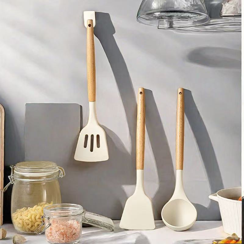 Wooden Handle Silicone Kitchen Utensils Household High Temperature Resistant Spatula Soup Spoon Non-Stick Pan Special Cooking Spatula Spatula Set