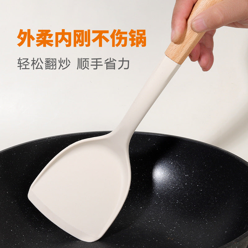 Wooden Handle Silicone Kitchen Utensil Set, Non-Stick Pan, Silicone Spatula, Soup Spoon, High Temperature Resistant Silicone Cooking Spatula, Daily Kitchen Utensils